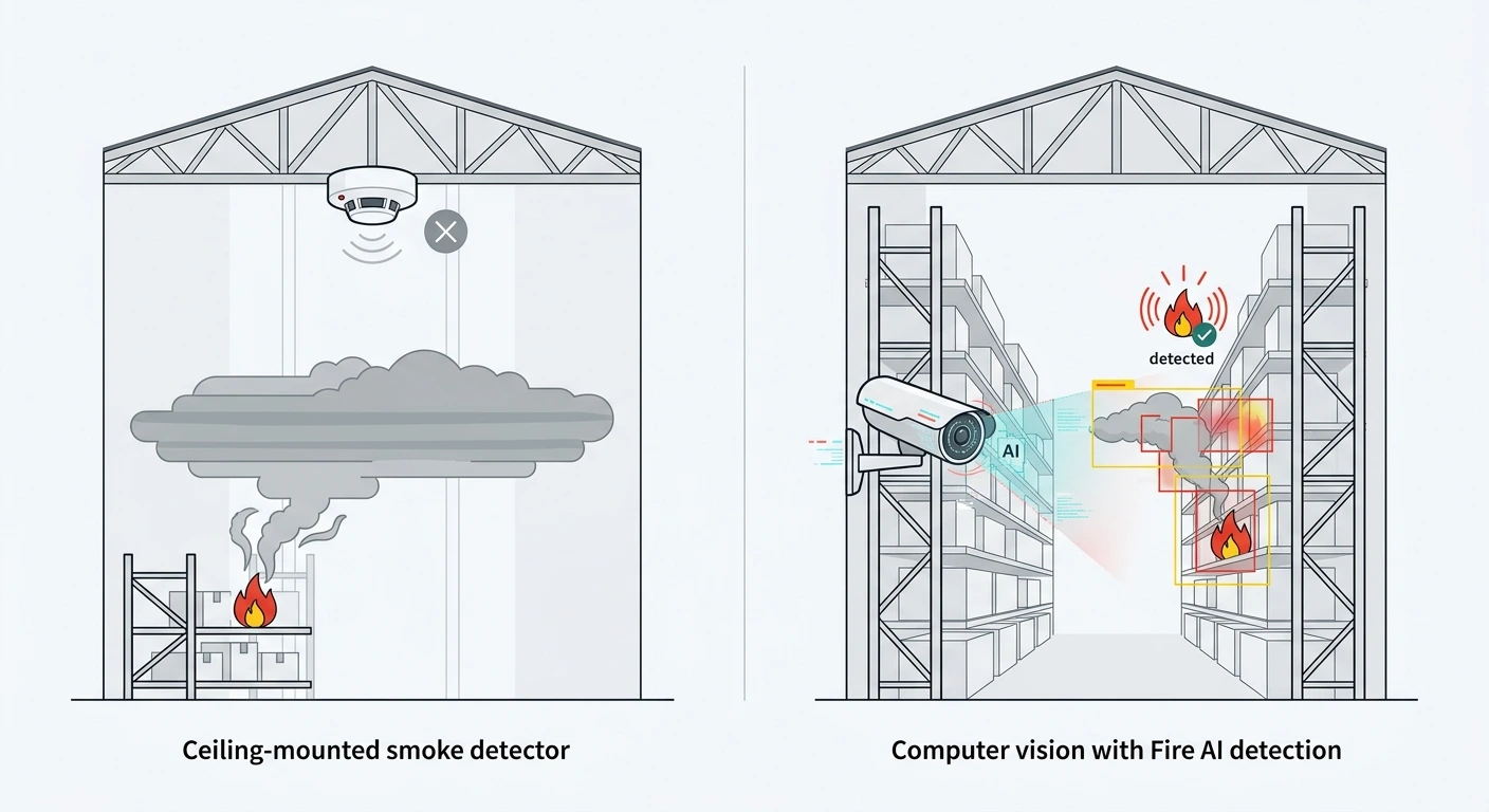 Bigger, Colder, and Slower to Notice
Larger and colder are the two words that matter most for how these fires actually get detected. A standard ceiling mounted smoke detector works by waiting. It sits at the top of a room and does nothing until enough smoke particles physically drift up and reach it. In a normal office or a house, that happens fast enough. In a warehouse with a forty foot ceiling, it often doesn't happen fast at all, because of something called thermal stratification: hot smoke rises, cools as it spreads, and can hang in a stable layer well below the ceiling instead of continuing up to where the sensor is waiting. High bay racking makes it worse. A fire that starts three shelves deep in a storage aisle can be boxed in on three sides and above by product, so smoke spreads sideways through the rack structure long before it ever reaches open ceiling space. Cold storage adds another problem on top of that, since the temperature swings and humidity that come with refrigerated environments are exactly the conditions that make standard photoelectric sensors unreliable.
Illustrate the difference between regular smoke detectors and computer vision with fire ai detection.
Modern, minimalist, simple, white background. Text free. No text. One smoke sensor vs one camera.